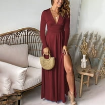 Women Wedding Dresses Cocktail Party Dresses Womens Fashionable Long Sleeve V-Neck Dress - Ruched Details and Slit for A Trendy Evening Outfit