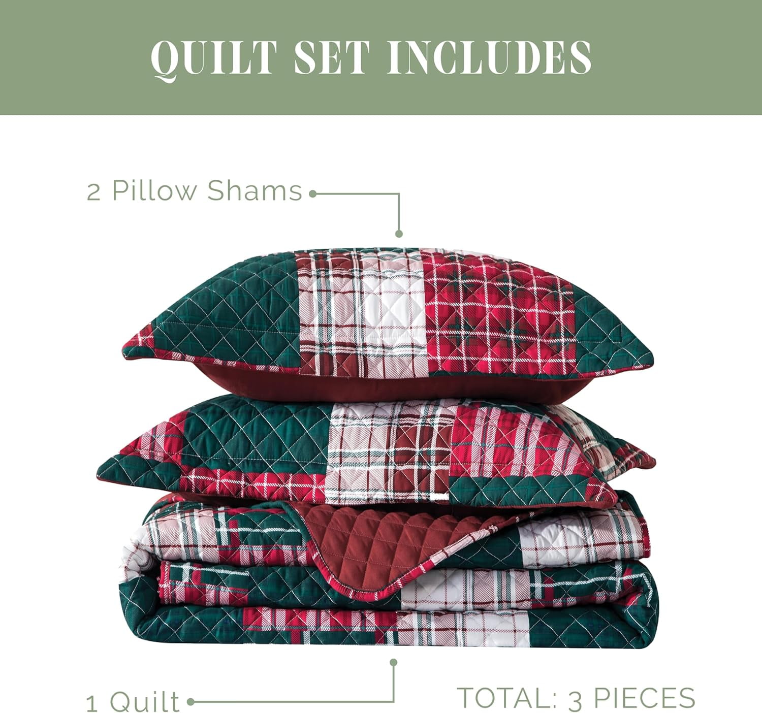 Elegant Comfort 3-Piece Plaid Patchwork Reversible Quilt Set - Soft Bedspread with Matching Pillow Shams, Heavyweight Stitching, All Season Quilted Coverlet - Twin, Burgundy