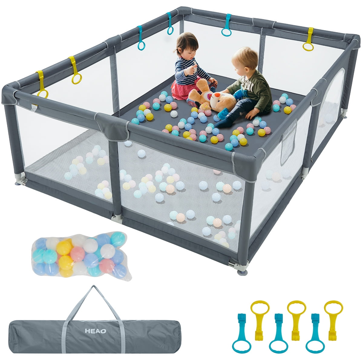 HEAO 79x59” Baby Playpen XXL Light Playard with Gate Travel Bag &30PCS