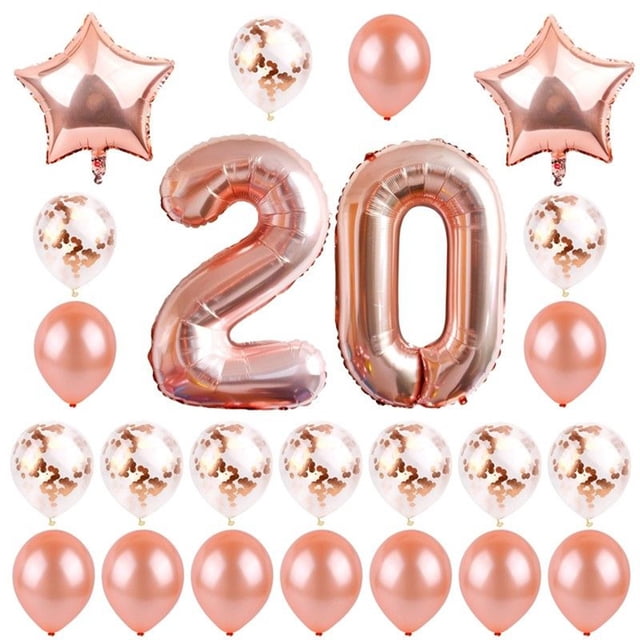 Juego de 24 globos decorativos de 20 años con látex natural, película de aluminio y lentejuelas para fiesta de cumpleaños.
