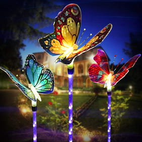 Garden Solar Lights Outdoor, 3 Pack Solar Stake Lights Multi-Color Changing LED Butterfly, Fiber Optic Decorative Lights for Yard, Garden, Solar Powered Light with a Purple LED Light Stake