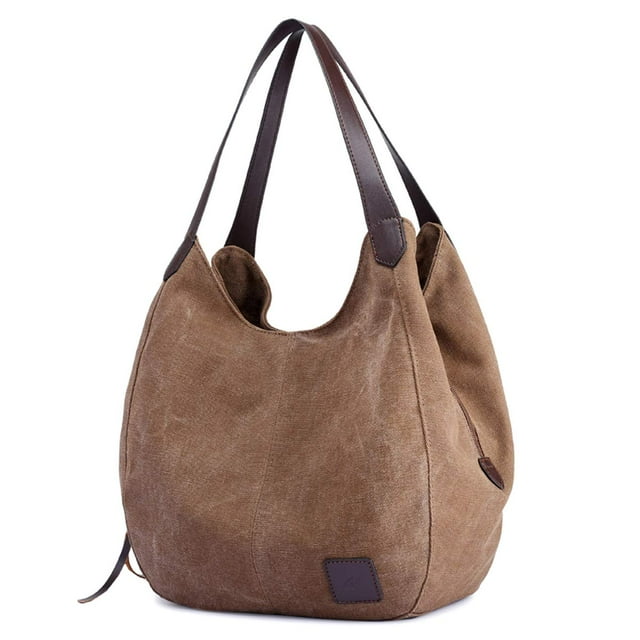 DOURR Bolso de hombro para mujer, multibolsillos, de moda, de lona de algodón, bolso de mano (Marrón, Medio)