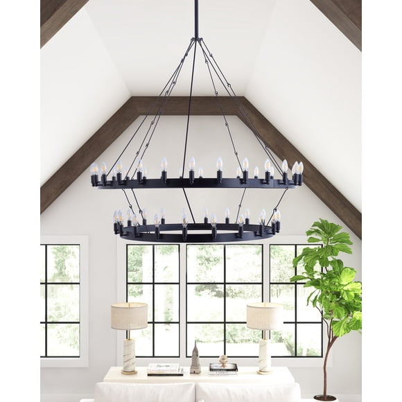 2-Tier Black Wagon Wheel Chandelier, 55.1" Adjustable Pendant Light for High Ceilings, Farmhouse Chandelier for Dining Room, Living Room