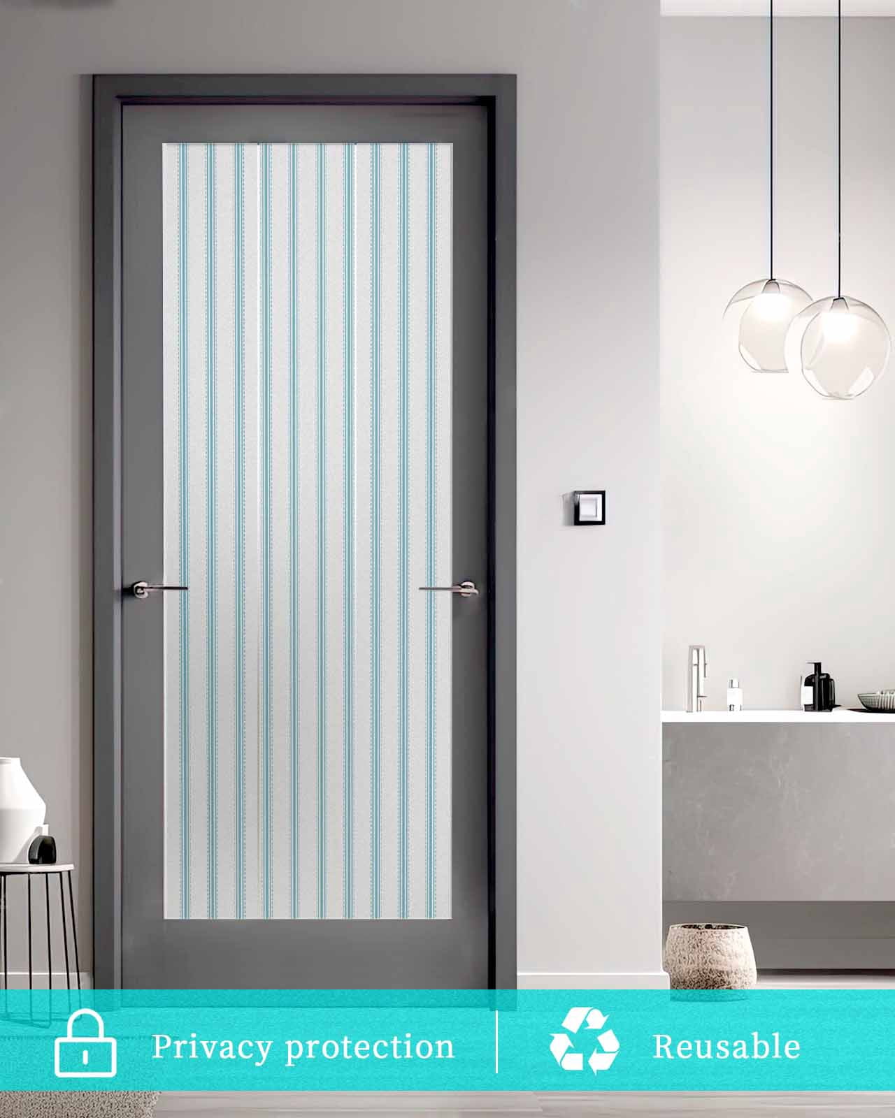 Window Privacy Film,Bluish Green Stripes UV Sun Blocking Window Tint Film Heat Control One Way Blackout Window Film,Geometric Vertical Linens Modern Minimalism Non Adhesive Static Cling 19.6x39.3 In