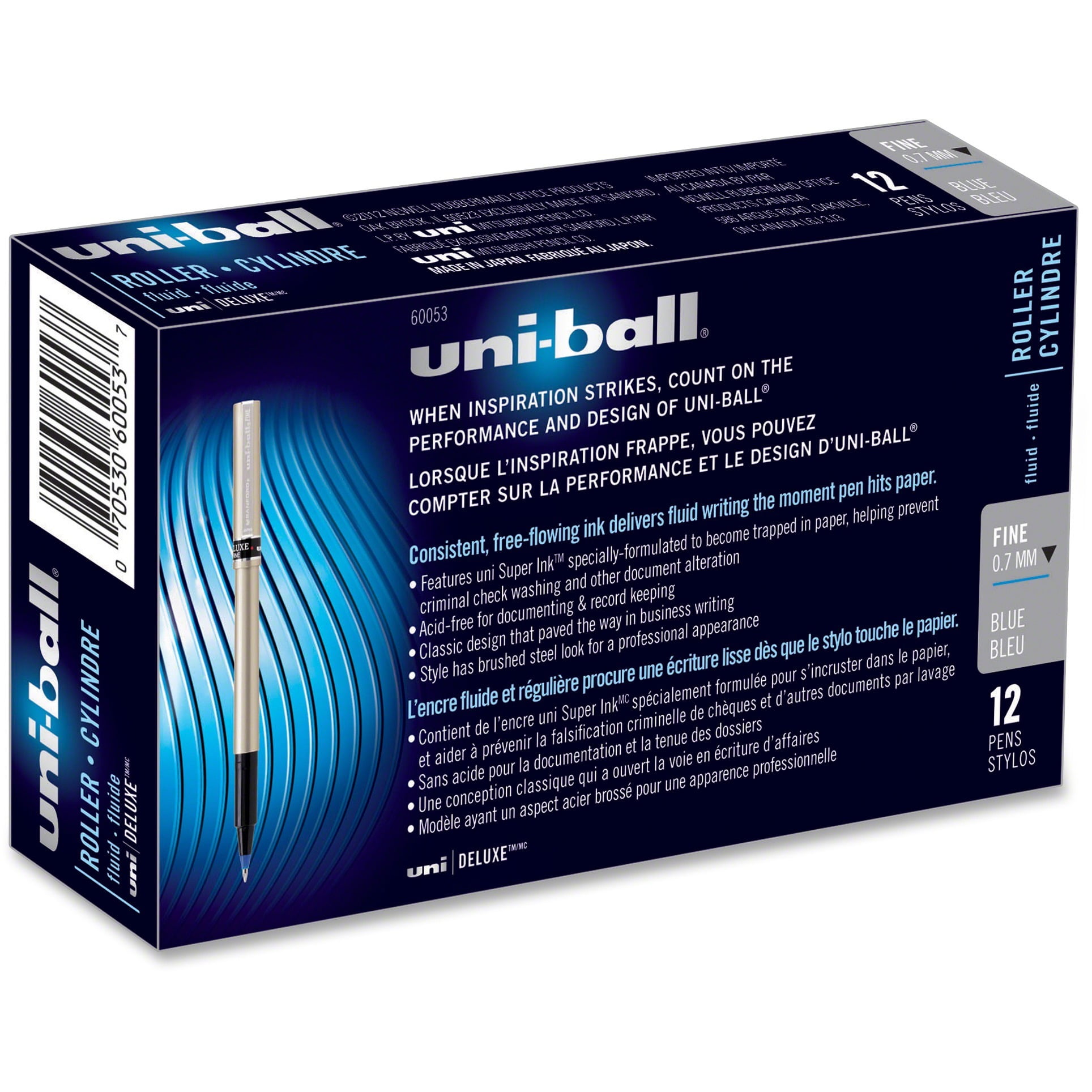 uni-ball® Deluxe Rollerball Pens, Fine Point, 0.7 mm, Gold Barrel, Blue Ink, Pack Of 12