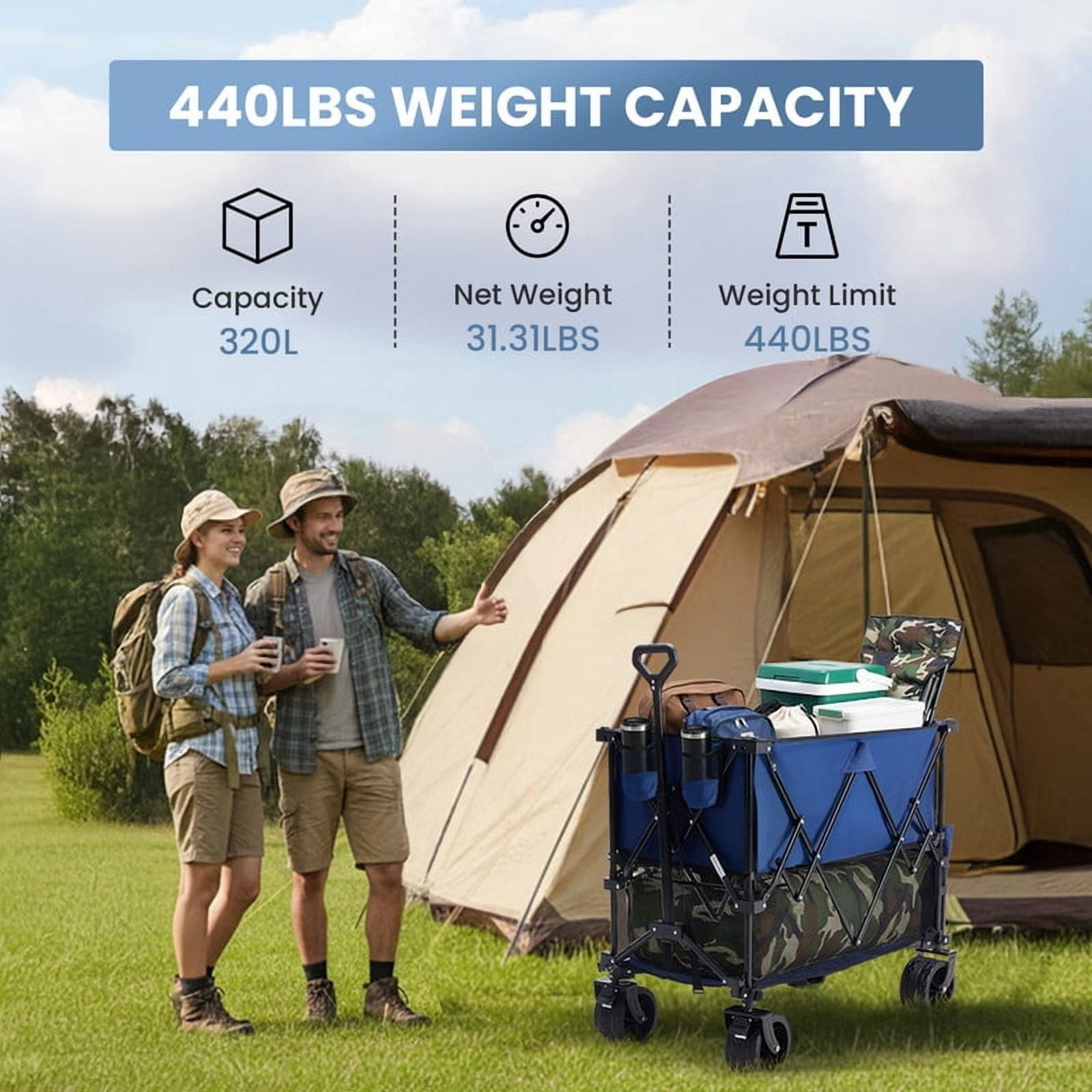 Gianna Folding Double Decker Wagon with Brakes, 54" Extra Long Extended Cart, Equipped with 7" All-Terrain Big Wheels for Camping, Sports，Blue