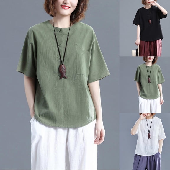 Fengqque Oversized Linen Tops for Women Crew Neck Short Sleeve Button Plus Size Tee Shirts with Pockets White XL(XL)