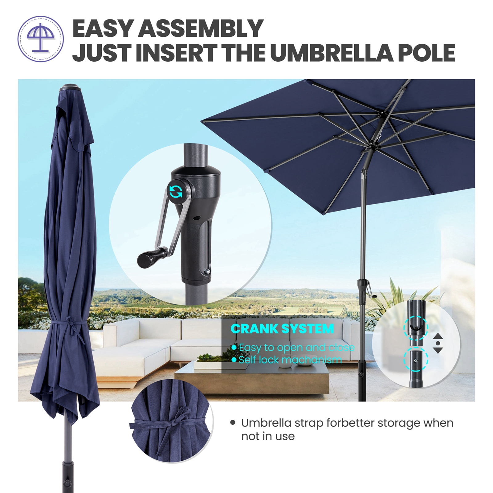 Crestlive 9x5 ft Rectangular Patio Market Umbrella, Navy Blue
