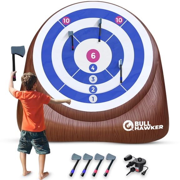 Swooc Games® - Bull Hawker | Giant Axe Darts (Over 6ft Tall) w/ 15 Games | Axe Throwing Game for Backyard w/Air Pump | Outdoor Games for Adults and Family | Carnival Games | Throwing Axe Yard Games