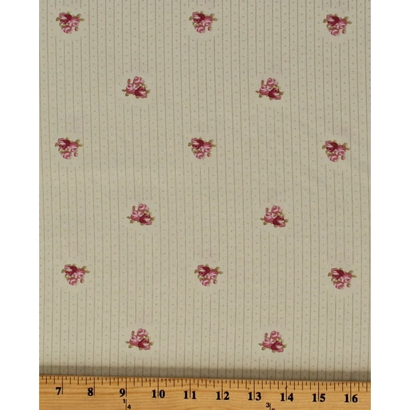 Cotton Small Pink Flowers Roses on Tiny Gold Stripes and Dots Dutch Light Green Madeline Cotton Fabric Print by the Yard (Y2287-109lightmint)