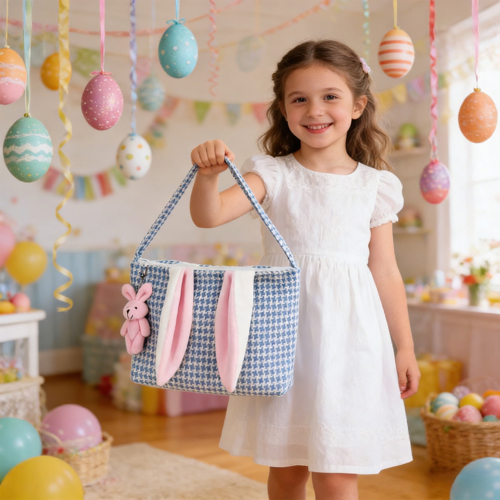 Lunxisen 1 Pcs Easter Bunny Tote Bag Decorative Gift Storage Basket for Holiday Party Decor