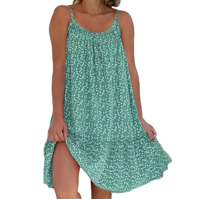 Bellella Robe Courte Mini pour Femmes Imprimé Floral Robe d'Été Sans Manches Col Rond Ample Vert 3TG