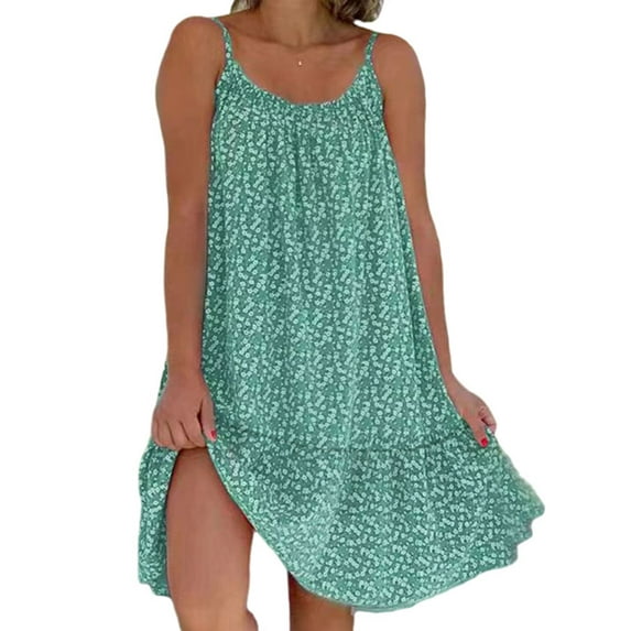 Women Boho Floral Dress Summer Spaghetti Beach Mini Sundress Floral Paisley Dresses Ladies Cocktail Party Dresses Green 5XL