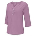 thumbnail image 3 of 3/4 Length Sleeve Blouses for Women Summer Cotton Linen Fashion Solid Color Button Shirts Casual V-neck Loose Pullover Top, 3 of 9