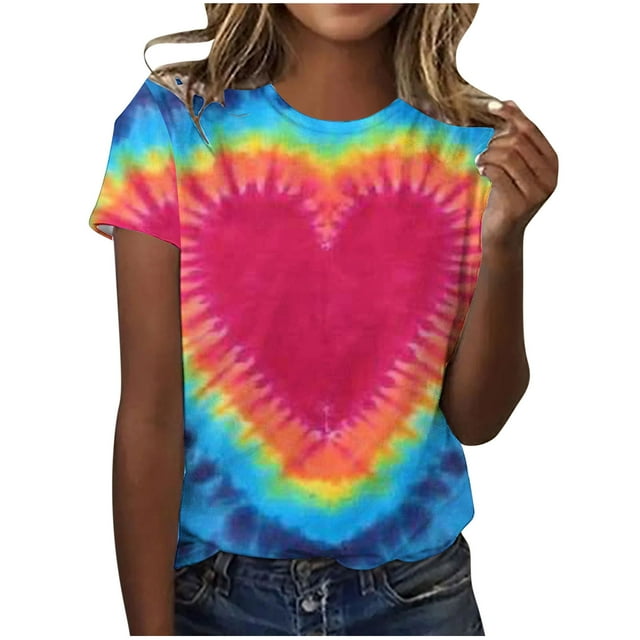 FAIWAD T-Shirts d'Été pour Femmes à Imprimé Teinture sur Nœuds, Manches Courtes, Col Rond, T-Shirts Tendance Décontractés, Blouses Amples