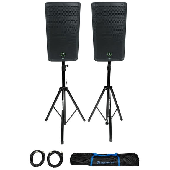 (2) Mackie Thrash212 GO 12" Bluetooth Rechargeable DJ PA Speakers Stands Cables