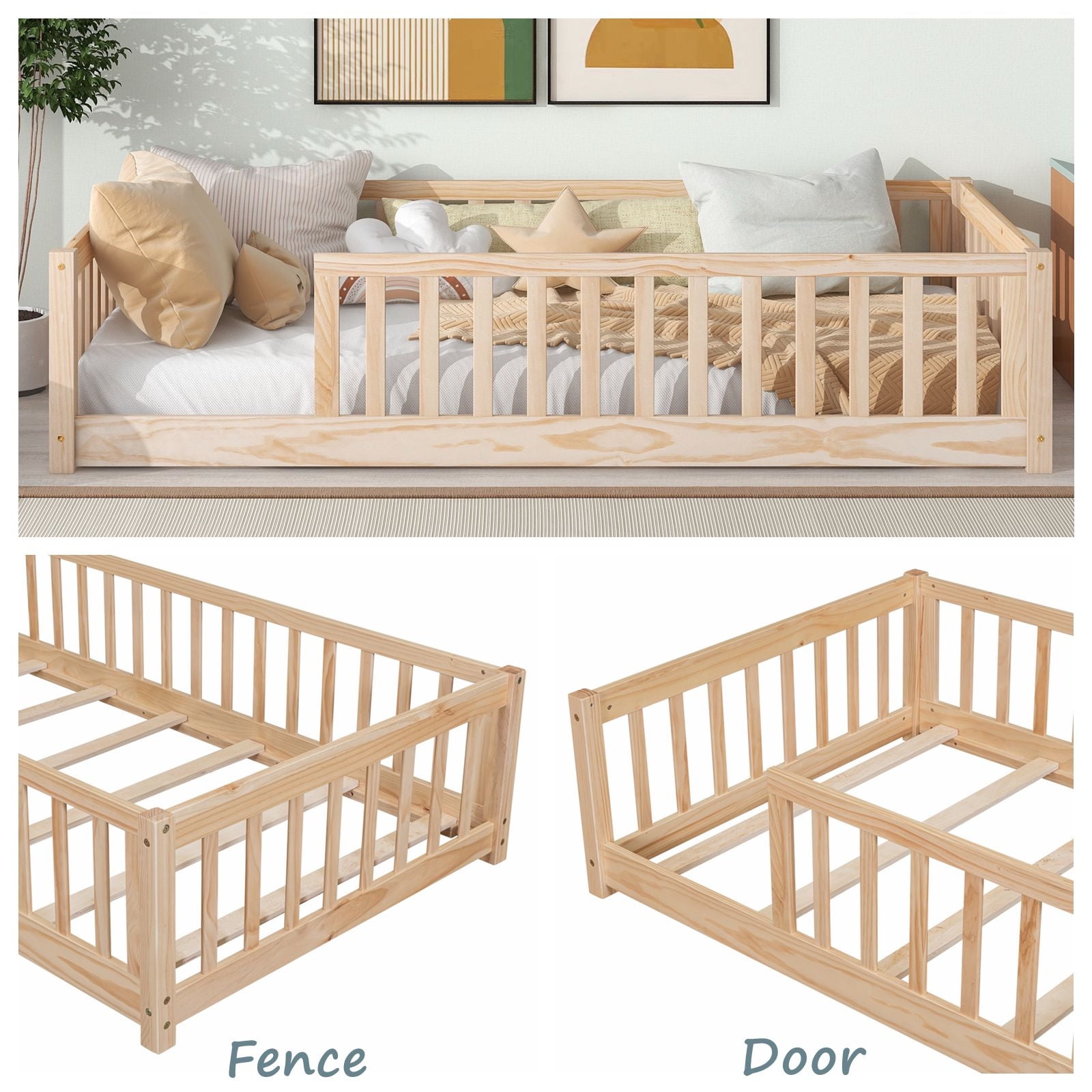 Twin Floor Bed with Fence for Kids, Solid Pine Wood Platform Bed Frame with Guardrails and Slats System, Playhouse Design Montessori Bed for Children Bedroom,Without Door, Natural