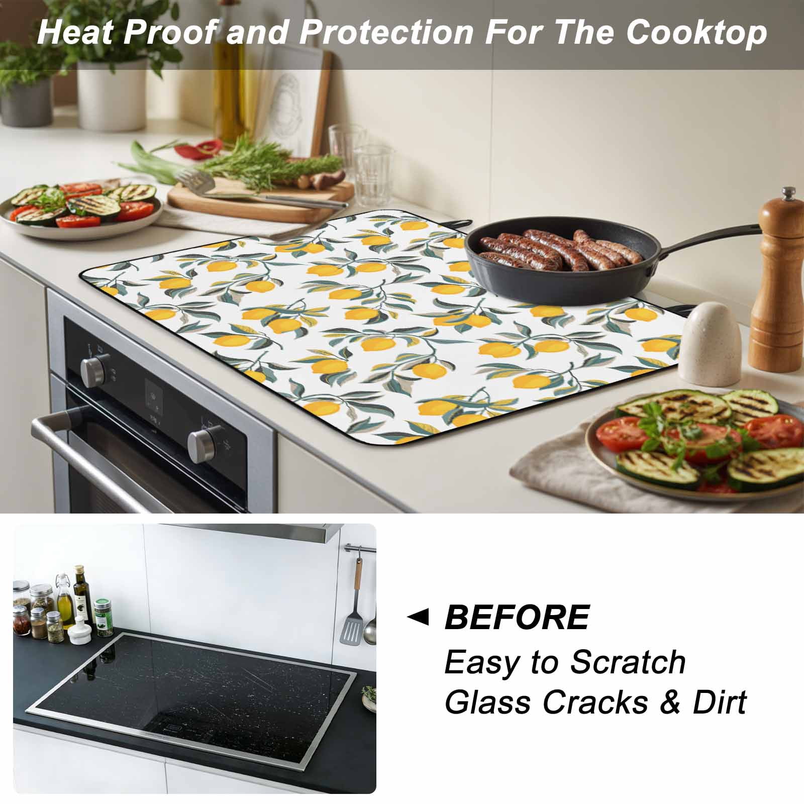 Lemon Leaves Stove Top Cover for Electric Stove, Heat-proof & Non Slip Glass Top Stove Cover Protector, Summer Botanical Kitchen Flat Cooktop Rubber Mat 24x21 Inches