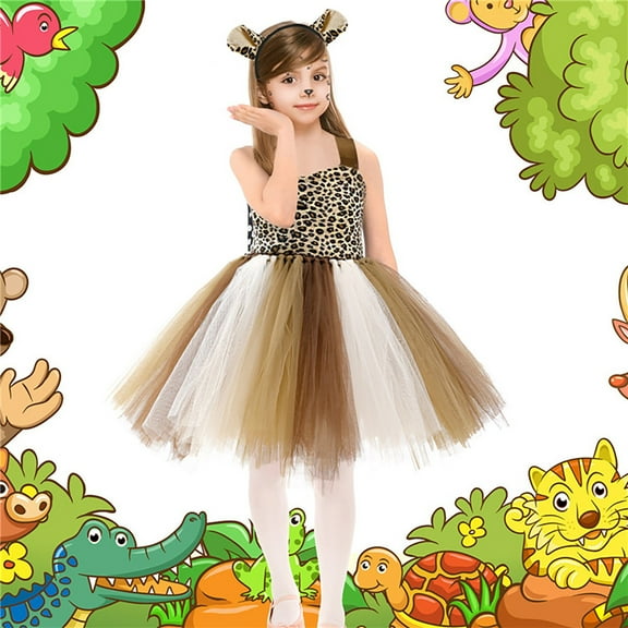 EnJoCho Girls Jungle Animal Dress with Ears Headband & Tail Accessories for Halloween Birthday Par𝗍y 3pcs Set 5-6 Years