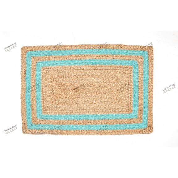 Rectangle Rug Natural Jute Rug Hand Braided Beige and Turquoise Color Stripes Line Area Rug