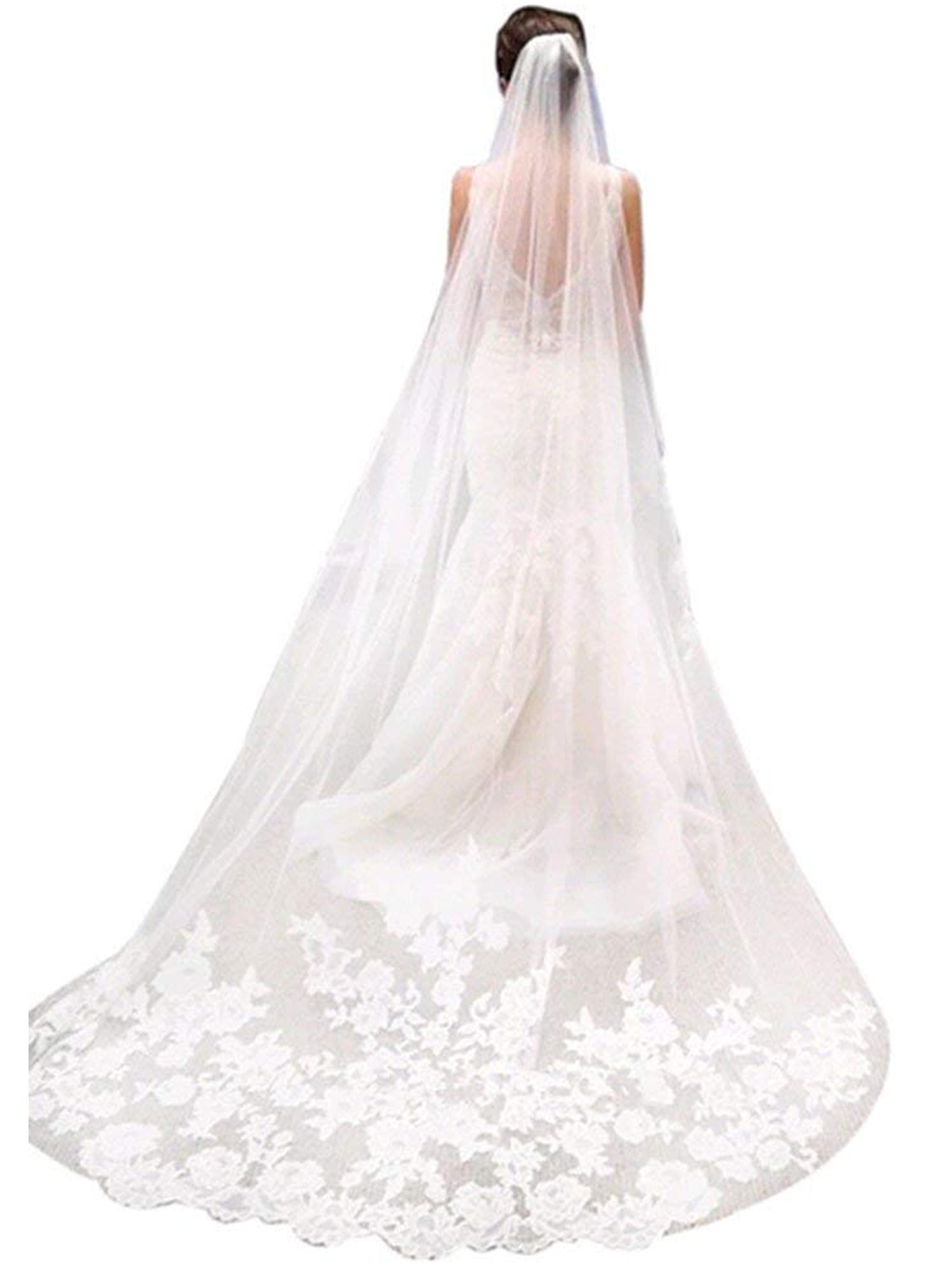 White Ivory Cathedral Wedding Veil Lace Applique Edged Bridal Veil w/ Metal Comb 