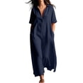thumbnail image 2 of NTACZA Summer Dresses Cotton Lien Casual Shirt Dress Slit Maxi Collared with Pockets Vacation Beach Blue XXL, 2 of 8