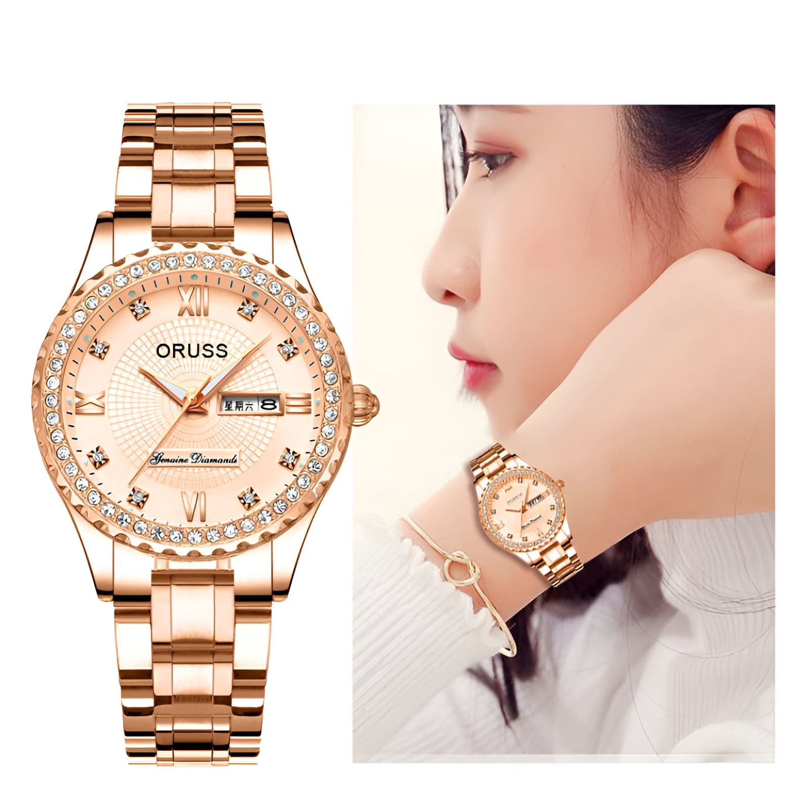 Women's Diamond Quartz Watch, Date Day Display, Luminous, Stainless Steel Band, Luxury Wristwatch