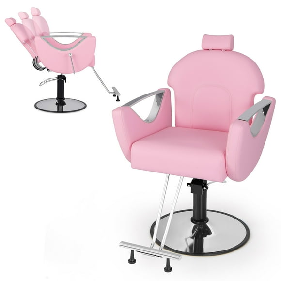 Gymax Barber Chair Reclining Salon Chair for Hair Stylist w/ Adjustable Height Headrest Pink