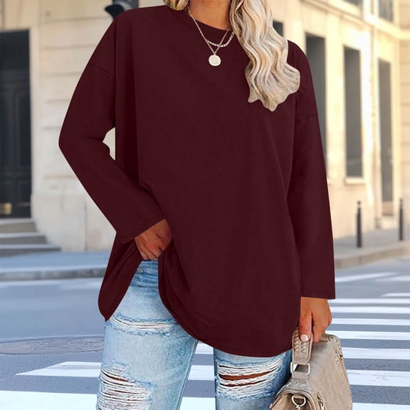 asdoklhq Spring Summer Tops for Women 2026 Women's Fashion Loose Casual Long Sleeve T-Shirt Round Neck Plus Size Top Wine 4X