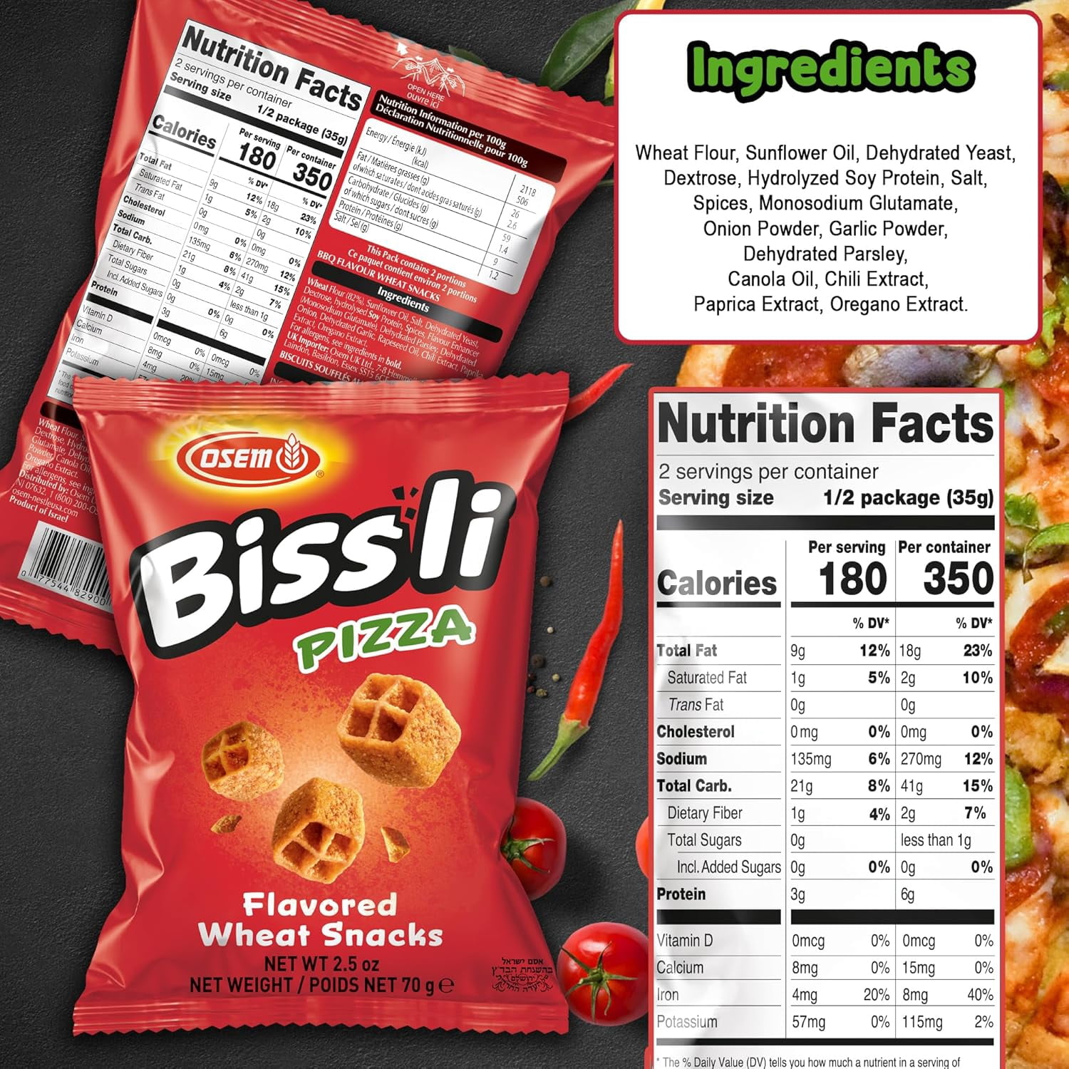 Pack of 24, Osem Bissli Pizza Flavored Wheat Snack, 2.5 oz