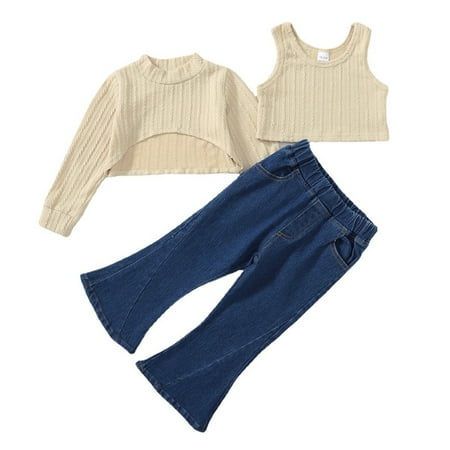 

CNGELG Kids Toddler Baby Girls Autumn Winter Cotton Long Sleeve Coat Gardigan Vest Jeans 3PC Set Clothes