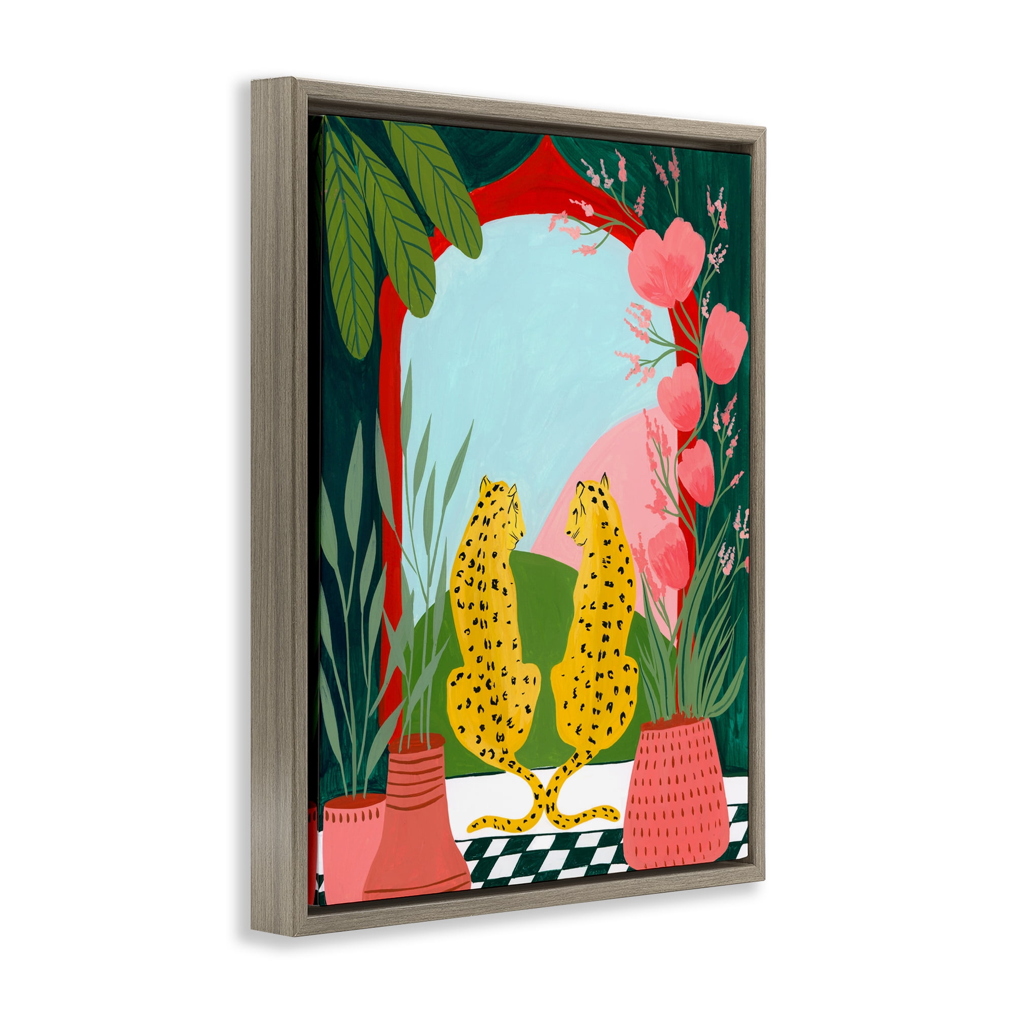 Twin Leopard & Plants Brown Framed Floater Canvas Wall Art, design by Nabeela Rumi