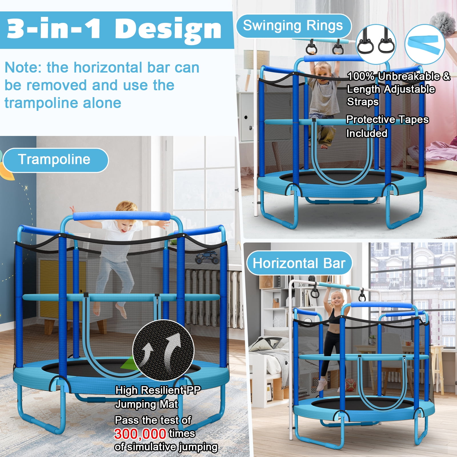 Topbuy 60 Inch Kids Trampoline, 330 LBS 3-in-1 Trampoline w/ Swinging Rings 3-Level Height Adjustable Horizontal Bar Blue