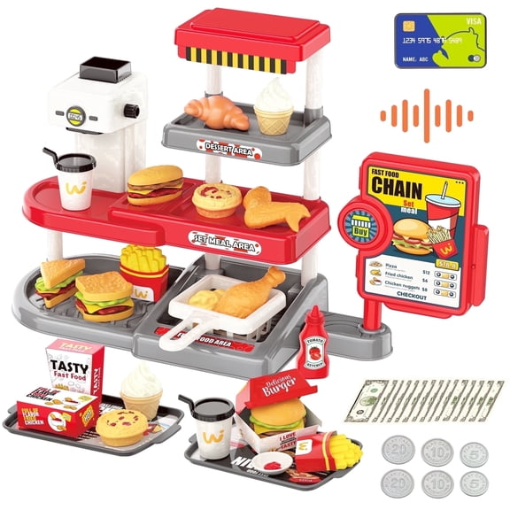 YCFUN 71PCS Play Food Kids Kitchen Toy Set with Cash Register, Pretend Play Kitchen Toys for Toddlers Boys & Girls