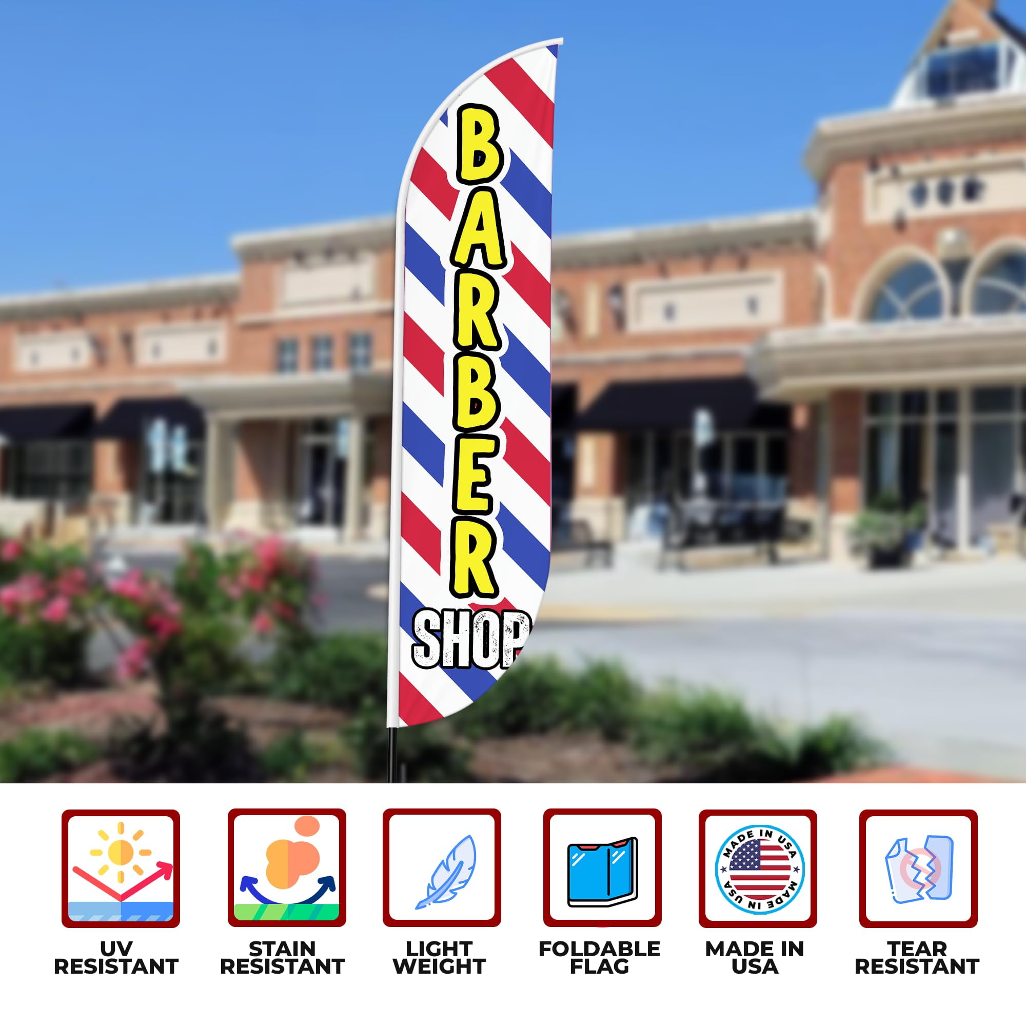 Barber Shop Sign feather flag for Outdoor by Mavis Print | 11.5 FEET Long Polyester Outdoor Banner Flag for Easy Hang | HD Print Swooper I Flag Only for Salon Advertising | Made in USA I Flag Only