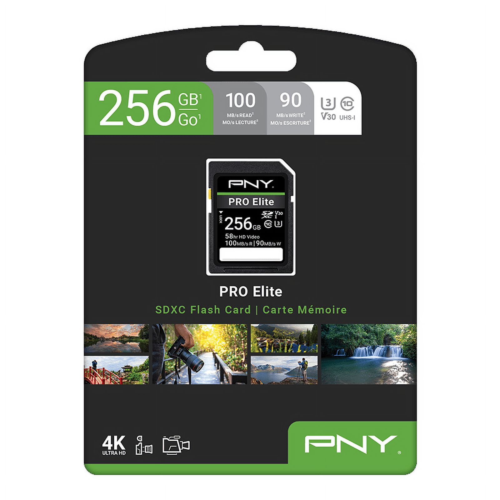 PNY 256GB PRO Elite Class 10 U3 V30 SDXC Flash Memory Card - 100MB/s, 4K UHD, Full HD, UHS-I, Full Size SD