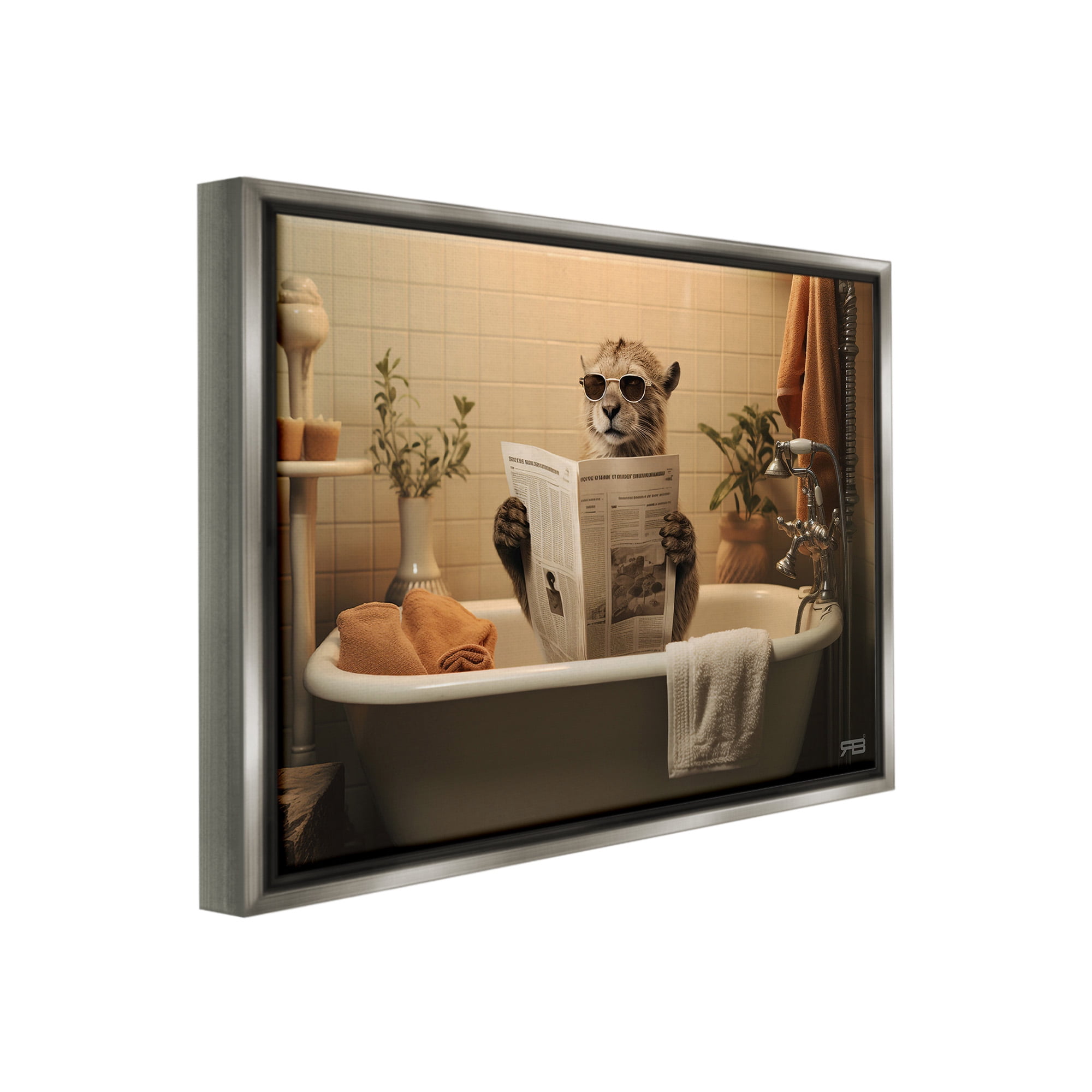 Stupell Industries Wild Cat in Bathtub Animals & Insects Painting Gray Floater Framed Canvas Art Print Wall Art, 31 x 25