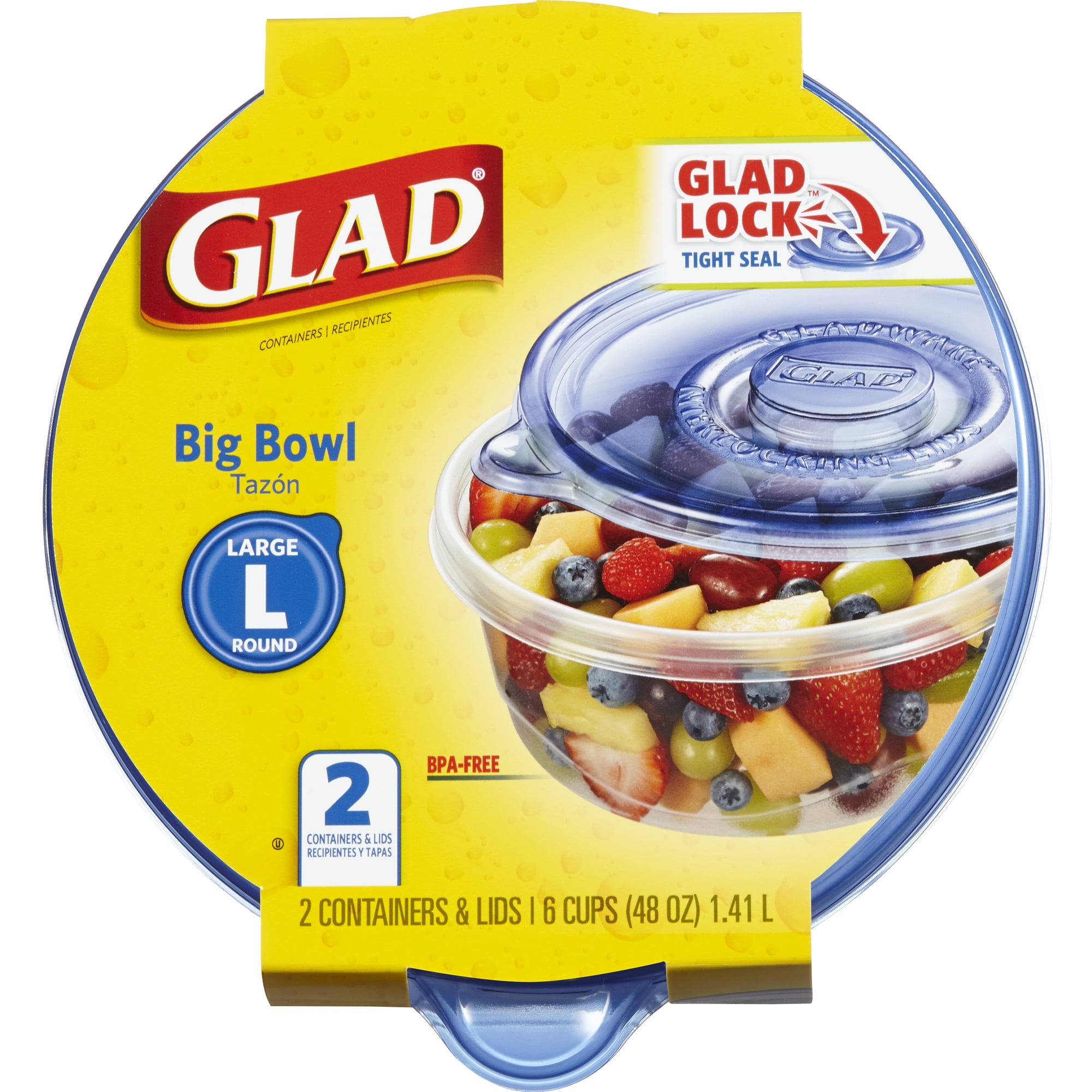 Glad Big Bowl 48 Oz. Plastic Container with Lid, Round, Clear/Blue, 3/Box  (BBG10691)