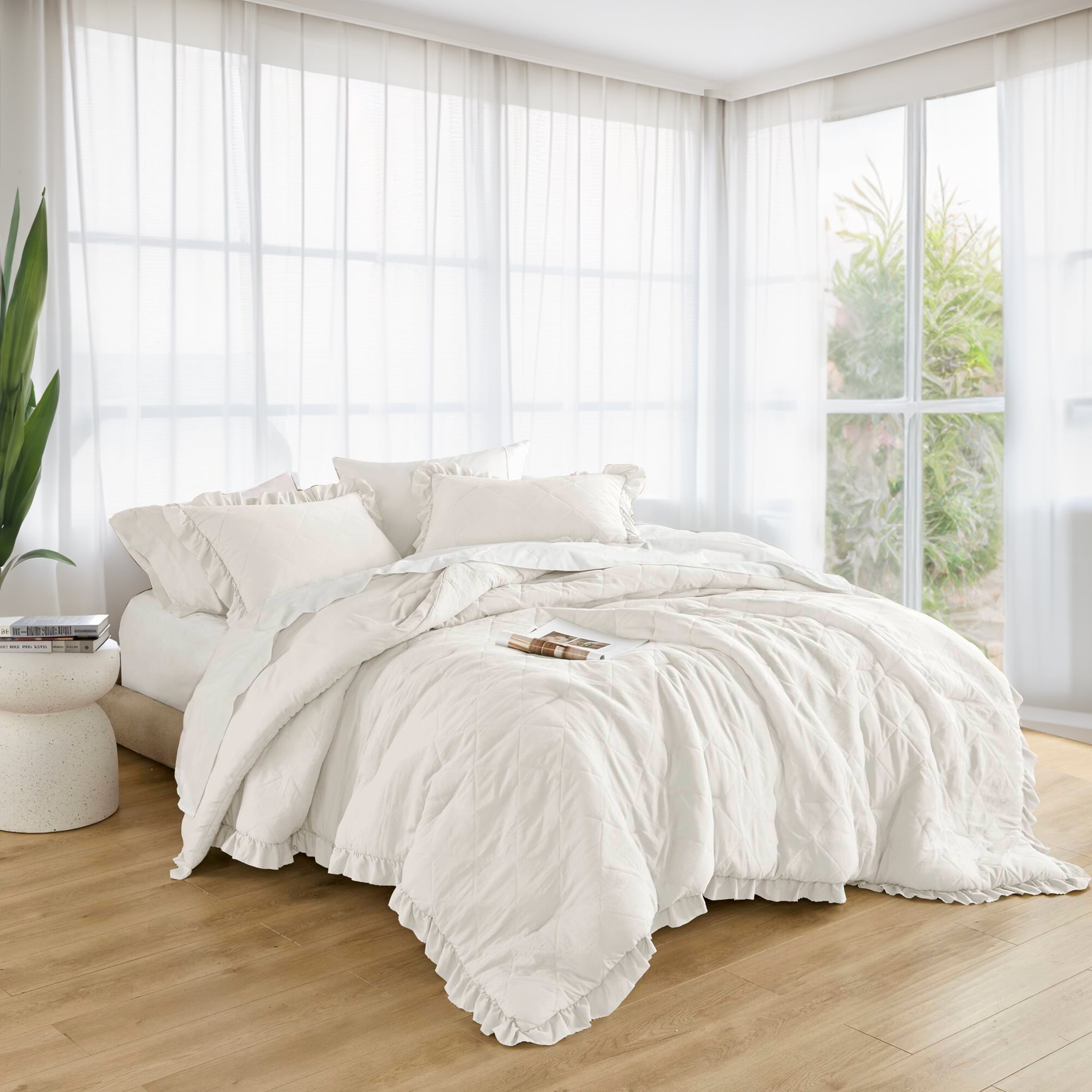 Regency Heights Full/Queen Comforter Set Ivory, 3 Pieces Quilted Ruffle Comforters Full/Queen Size, Solid Bedding Comforters Sets, Gift for Women