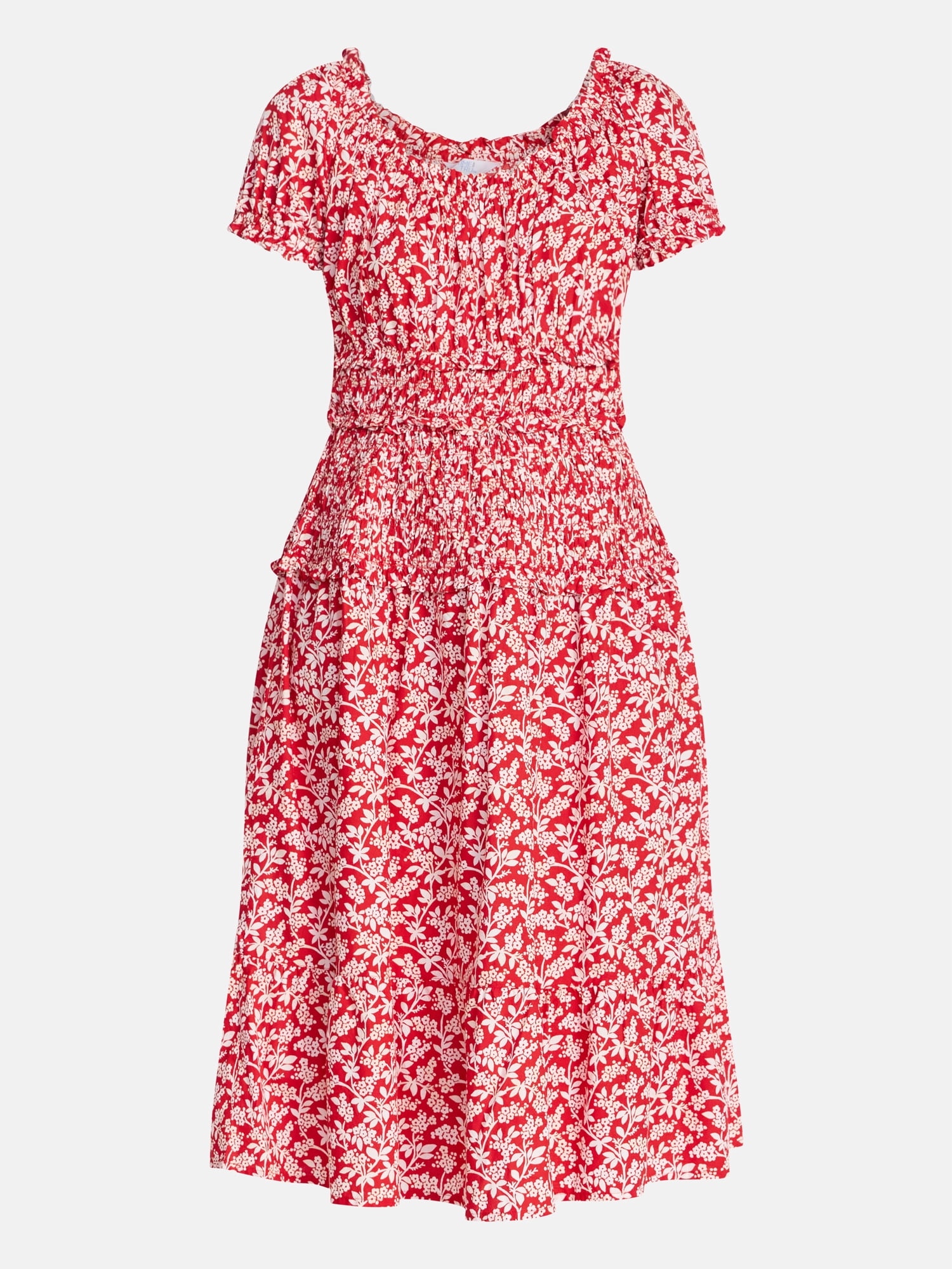 Time and Tru Women's Smocked Cotton Peasant Midi Dress, Sizes XS-XXXL