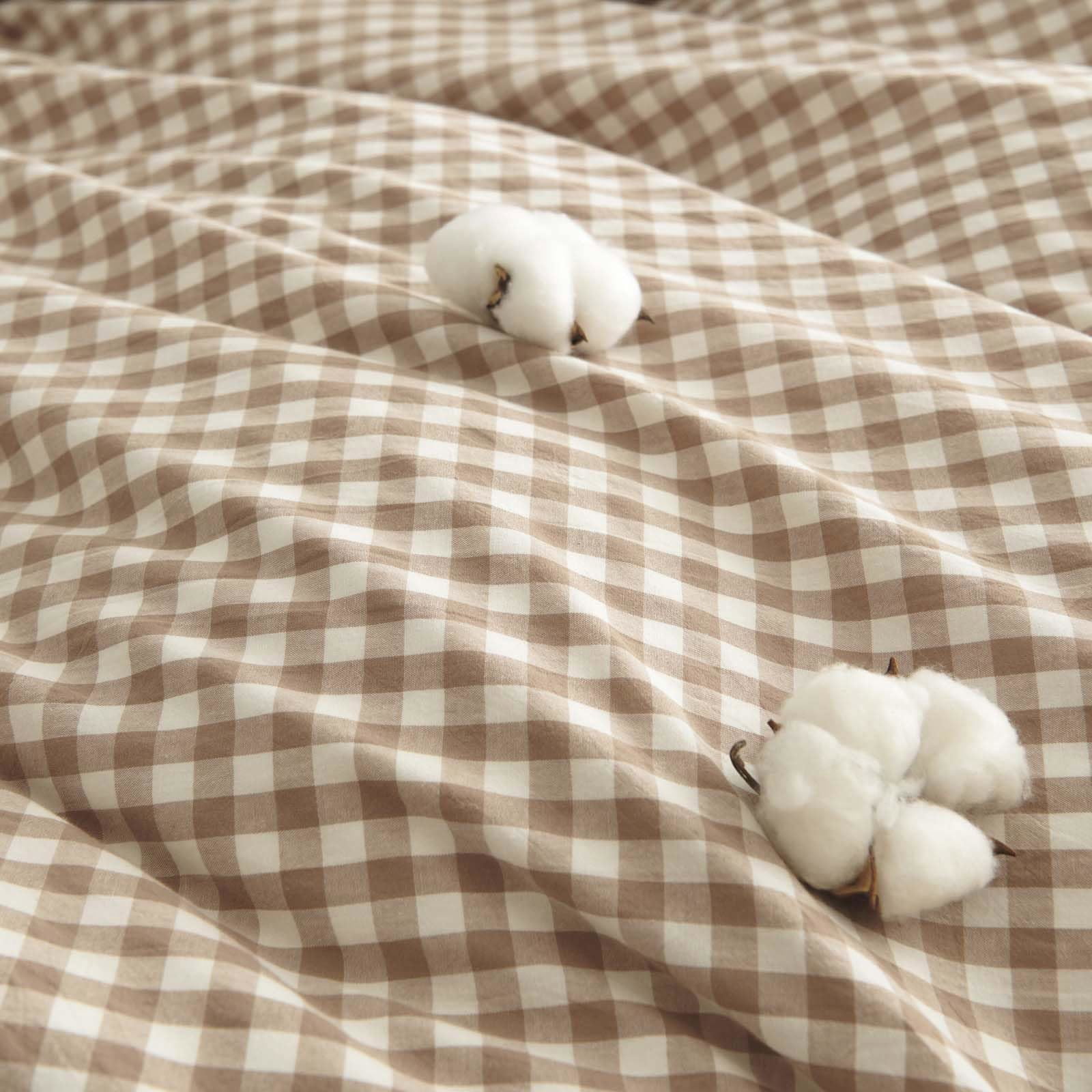 2 Pieces Khaki Gingham Duvet Cover 100% Washed Cotton Plaid Checkered Twin Duvet Cover Set Modern Grid Bedding Set with Zipper Closure Corner Ties