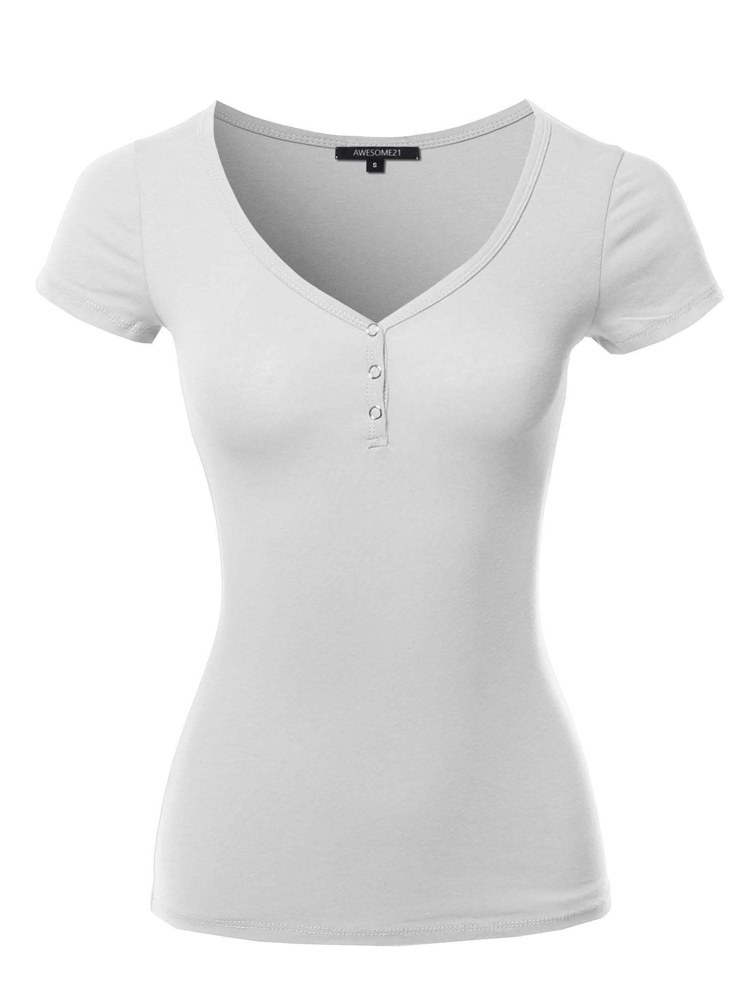 FashionOutfit Women's Solid Short Sleeve Snap Button Henley V-Neck Top ...