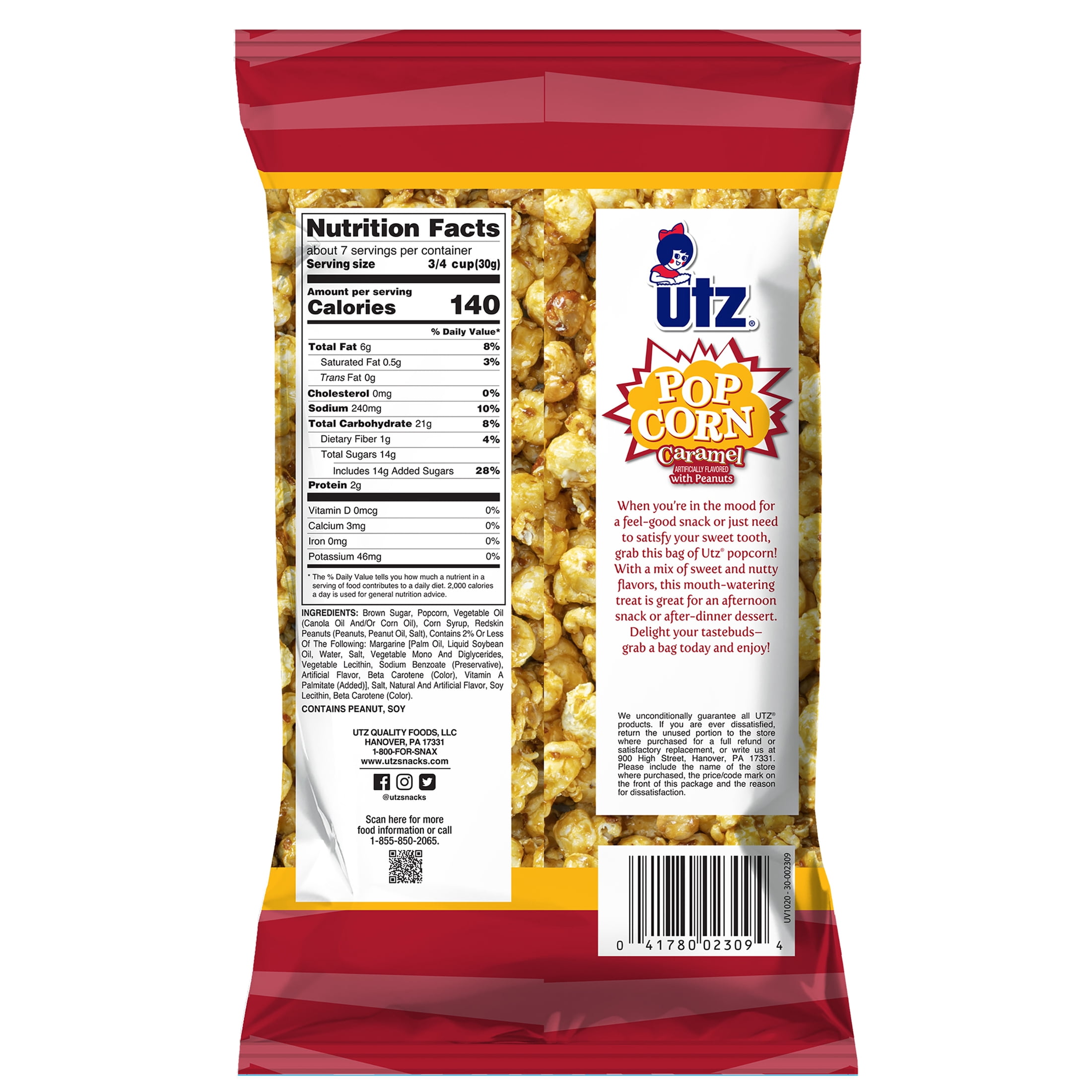 Utz Caramel Popcorn with Peanuts, Gluten-Free, 7 oz Bag