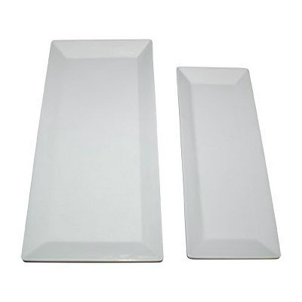 Large Rectangular Serving Platters Set of 2 Trays, White Porcelain
