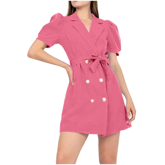 Sexlip Womens Dress Puff Sleeve Button Detail Belted Waist Soft Fabric Relaxed Silhouette for Casual Outings Pink XL