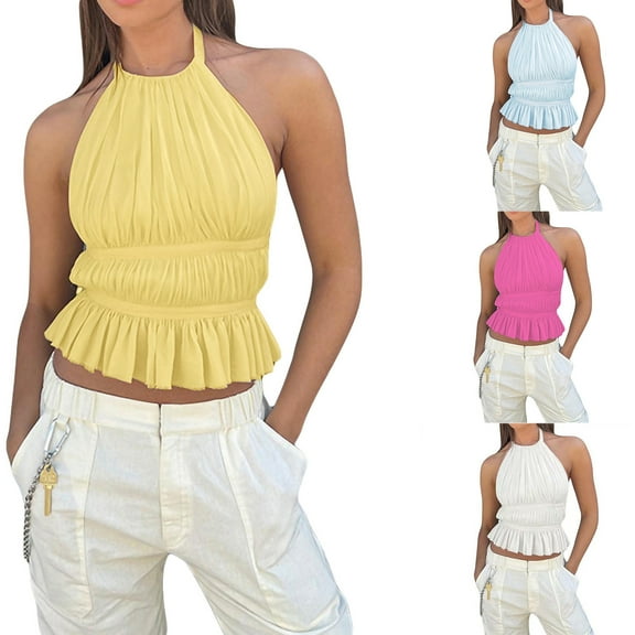 pstuiky Tank Tops Women, Sleeveless Round Neck Bandage Top for Women Comfortable Casual Solid Chiffon Backless Halter Design Summer Blouse Summer Tops for Women Trendy Hot Pink L