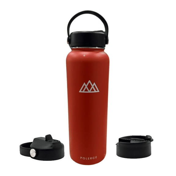 Stainless Steel Double Wall Thermally Insulated Flask - 40 fl oz Red Vacuum Insulated Bottle with 3 Lids by Polerce