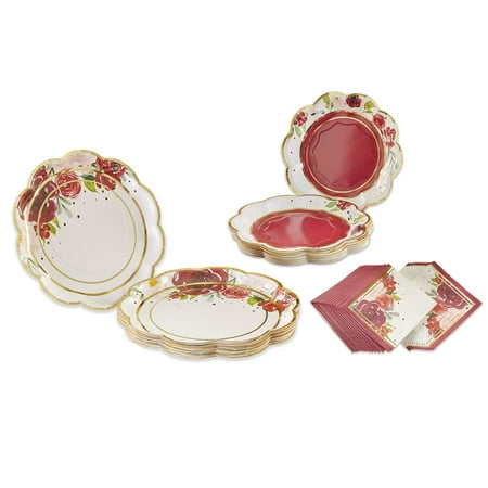Burgundy Blush Floral Paper Plates Napkins, Kate Aspen 16pcs 7 inch & 16pcs 9 inch Heavy Duty Disposable Party Plates, 30pcs 6.5 inch Durable Paper Napkins for Birthday, Baby Shower, Wedding Party