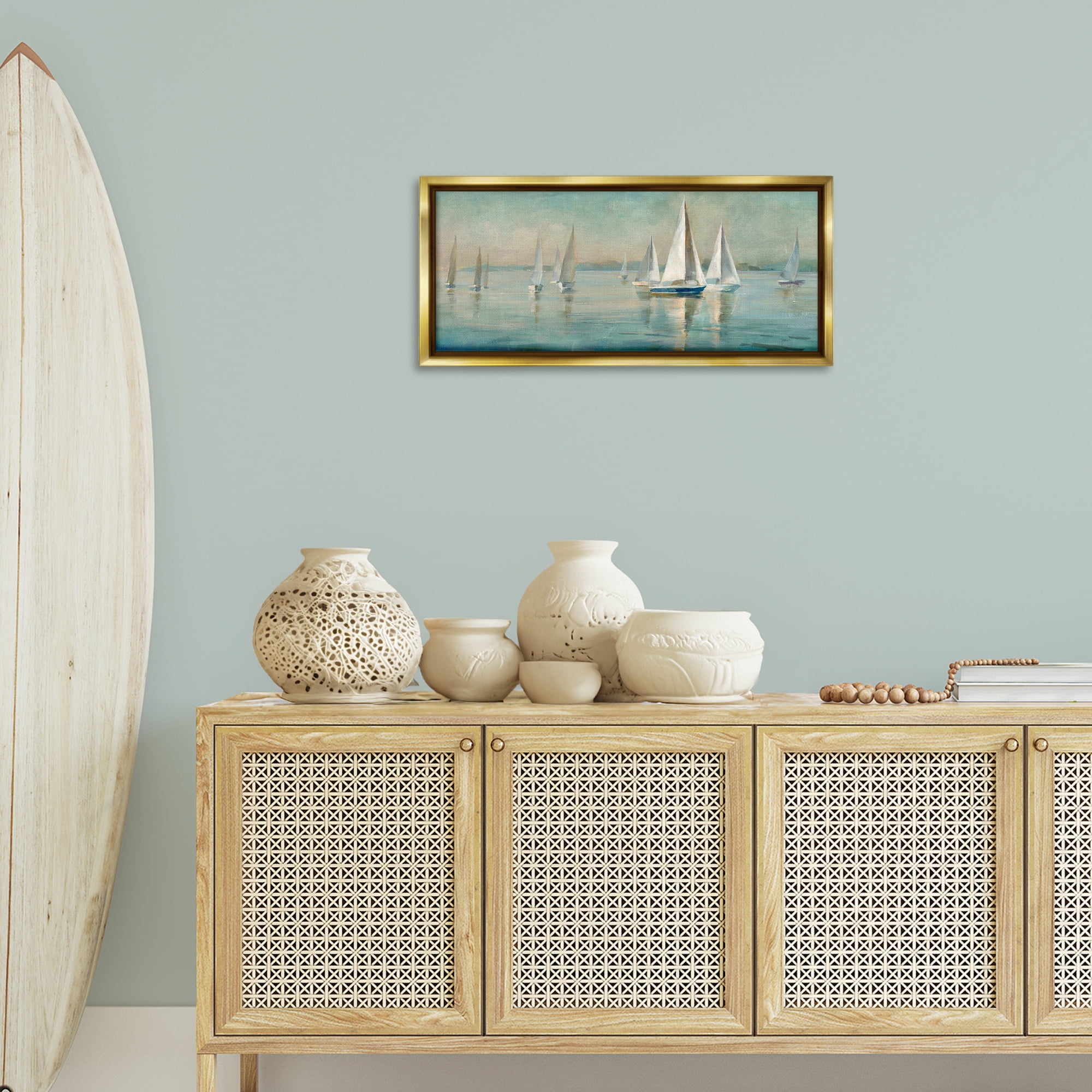 Stupell Industries Panoramic Sailing at Sunrise Nautical & Beach Painting Gold Floater Framed Canvas Art Print Wall Art, 31 x 14