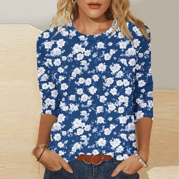SOOMLON Womens 3/4 Length Sleeve Tops Plus Size Tunic Cotton Tops Dressy Casual Crewneck Shirts Cute Daisy Print T Shirts 2025 Trendy Spring Summer Ladies Tops Loose Fit Outfits Pullover Blue XL